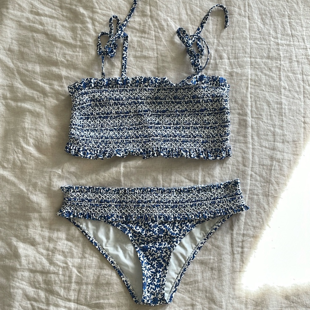 Tory Burch Blue and White Smocked Bikini Set